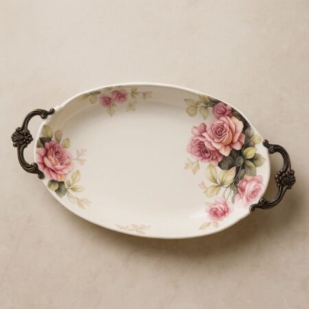 21*12" Floral ceramic printed platter with metal handle