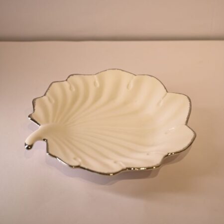 11.25" Leaf shape ceramic platter with silver border