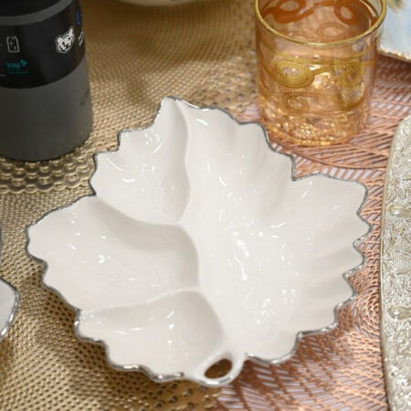 10" Leaf shape ceramic platter with silver border
